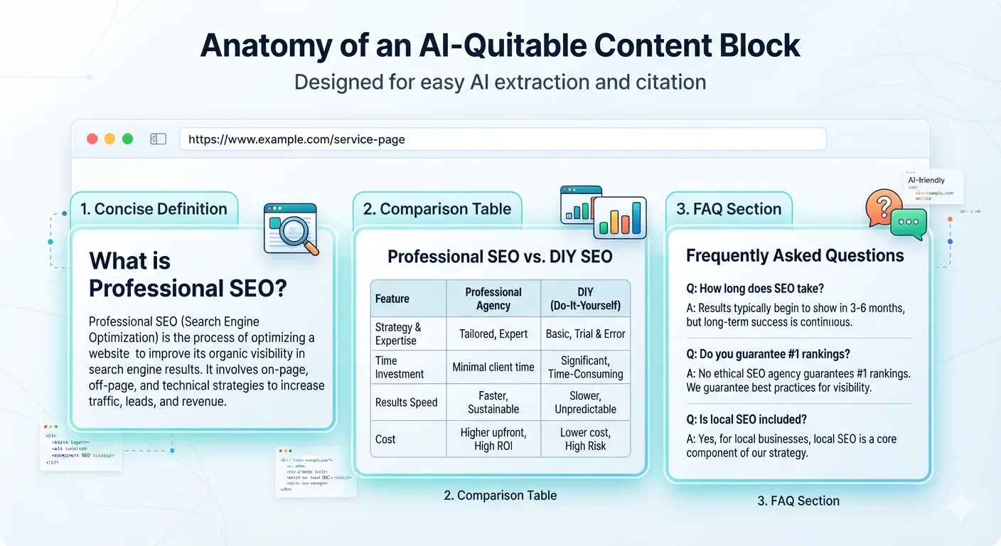 A mockup illustration of a webpage section showing AI-friendly content blocks: a concise definition, a comparison table, and an FAQ section with direct answers, all designed for easy extraction by AI.