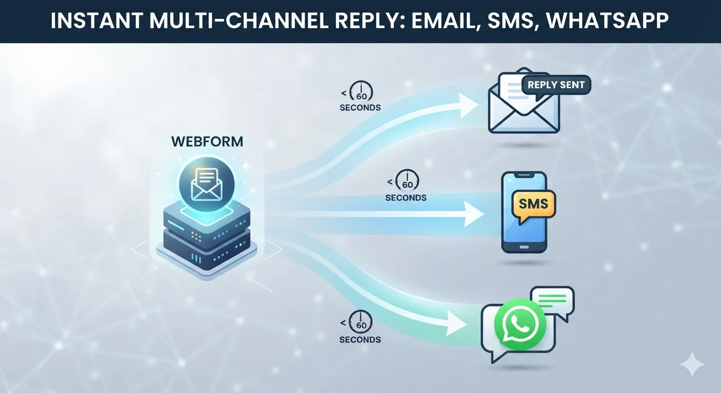  An infographic visualizing a multi-channel communication flow where a single webform lead inquiry instantly triggers an email, an SMS, and a WhatsApp message, each marked with a '< 60 SECONDS' clock icon.