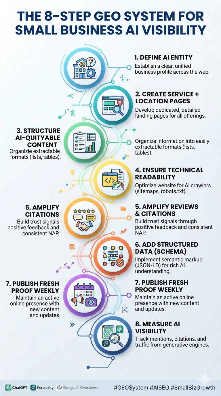 A clean vertical infographic illustrating the 8 steps of the Generative Engine Optimization system, from defining the AI entity to measuring visibility, using interconnected circular icons.