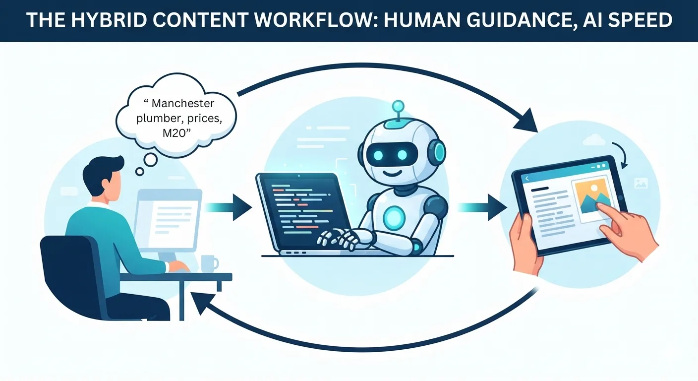 An infographic illustrating a circular content creation workflow. A human brief (specifying 'Manchester plumber, prices, M20') initiates the process, leading to an AI draft. The workflow then emphasizes critical human editing, where local details and photos are integrated before publication.